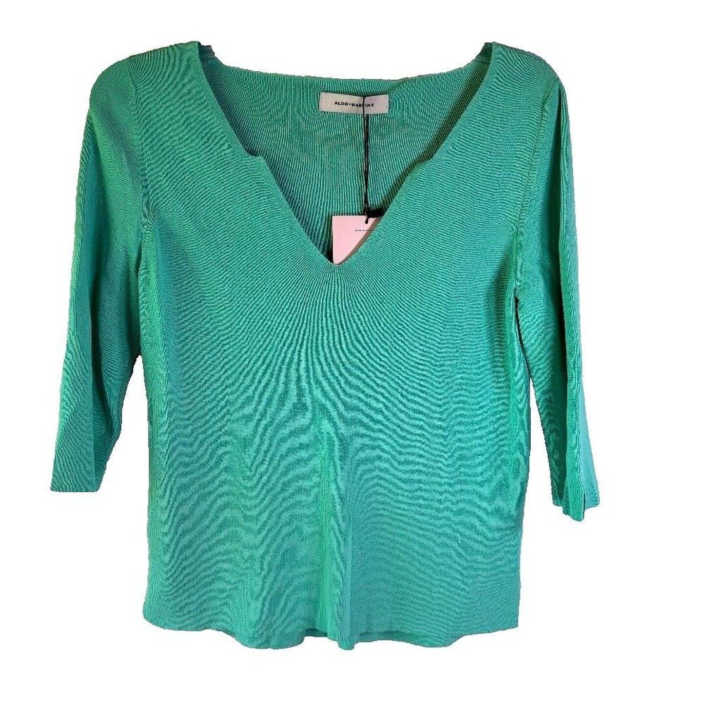 Aldo Martins 3/4 Sleeve V Neck Sweater Top Mint Raw Hem‎ Size Medium NWT